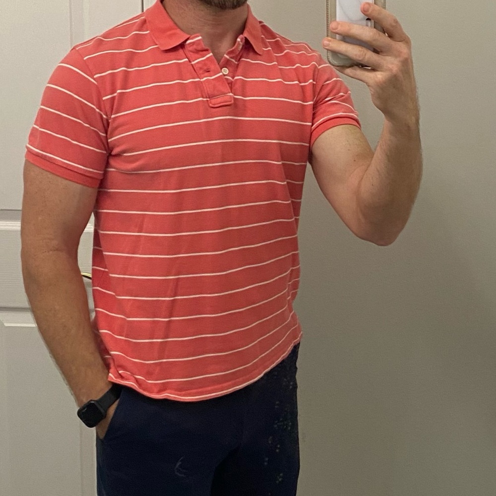 Striped Polo Knit Shirt - great Coral Melon Color stands out & gets complements